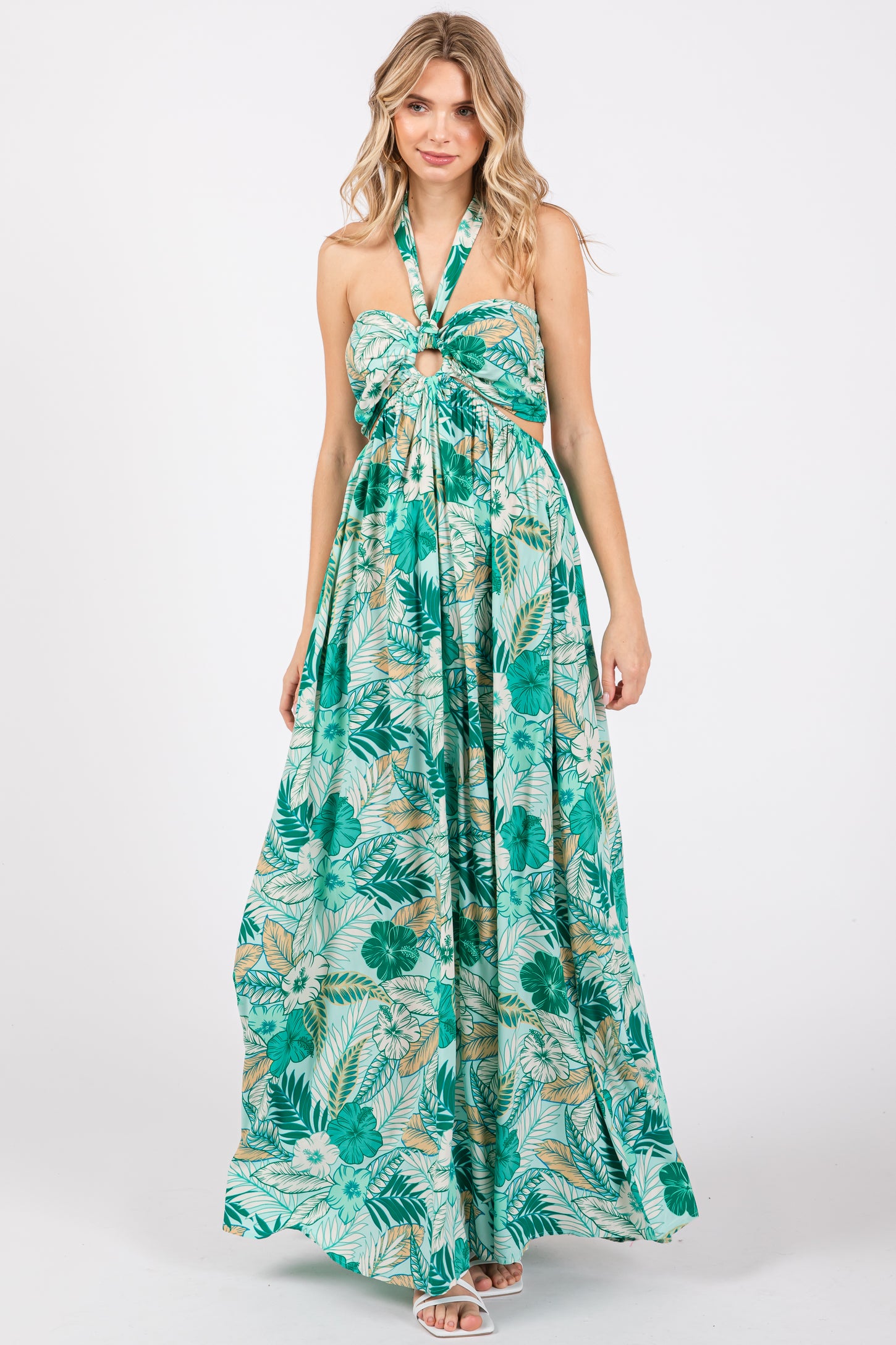 Light Blue Tropical Print Cutout Halter Neck Maternity Maxi Dress