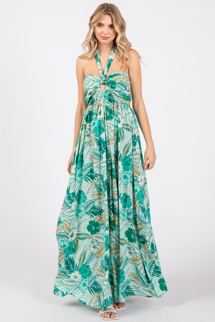 Light Blue Tropical Print Cutout Halter Neck Maternity Maxi Dress