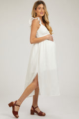 White Ruffle Strap Maternity Midi Dress