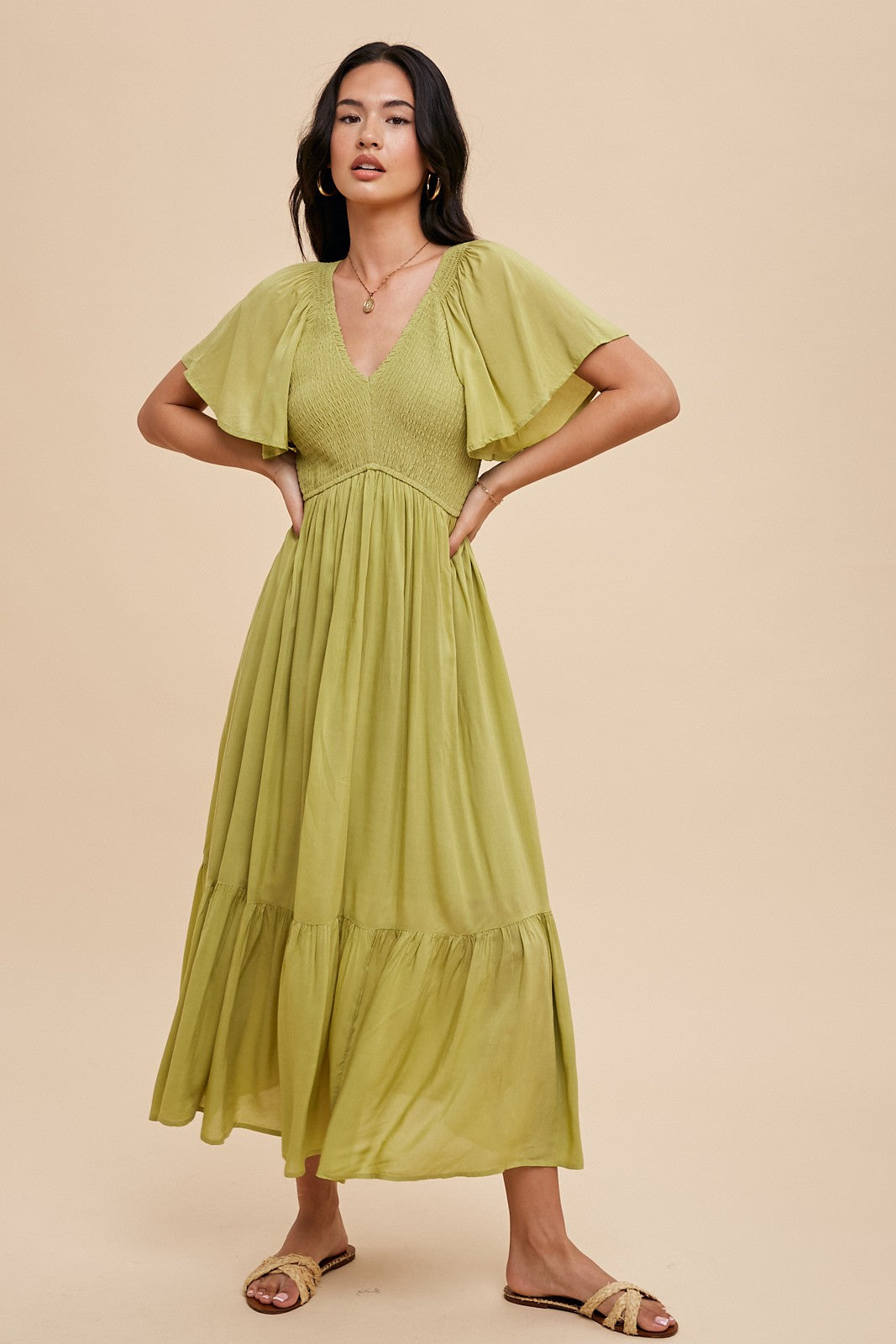 Green Smocked Flutter Sleeve Midi Dress Green Smocked Flutter Sleeve Midi Dress