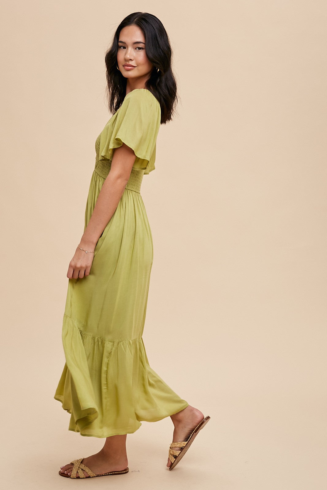 Green Smocked Flutter Sleeve Midi Dress Green Smocked Flutter Sleeve Midi Dress