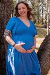 Blue Smocked Flutter Sleeve Maternity Midi Dress
