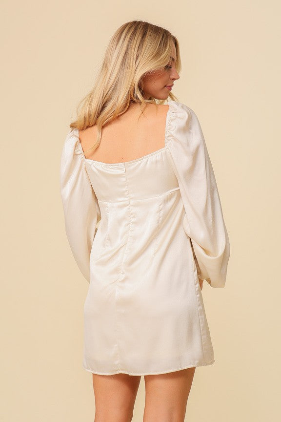 Ivory Puffy Sleeve Front Tie Satin Dress
