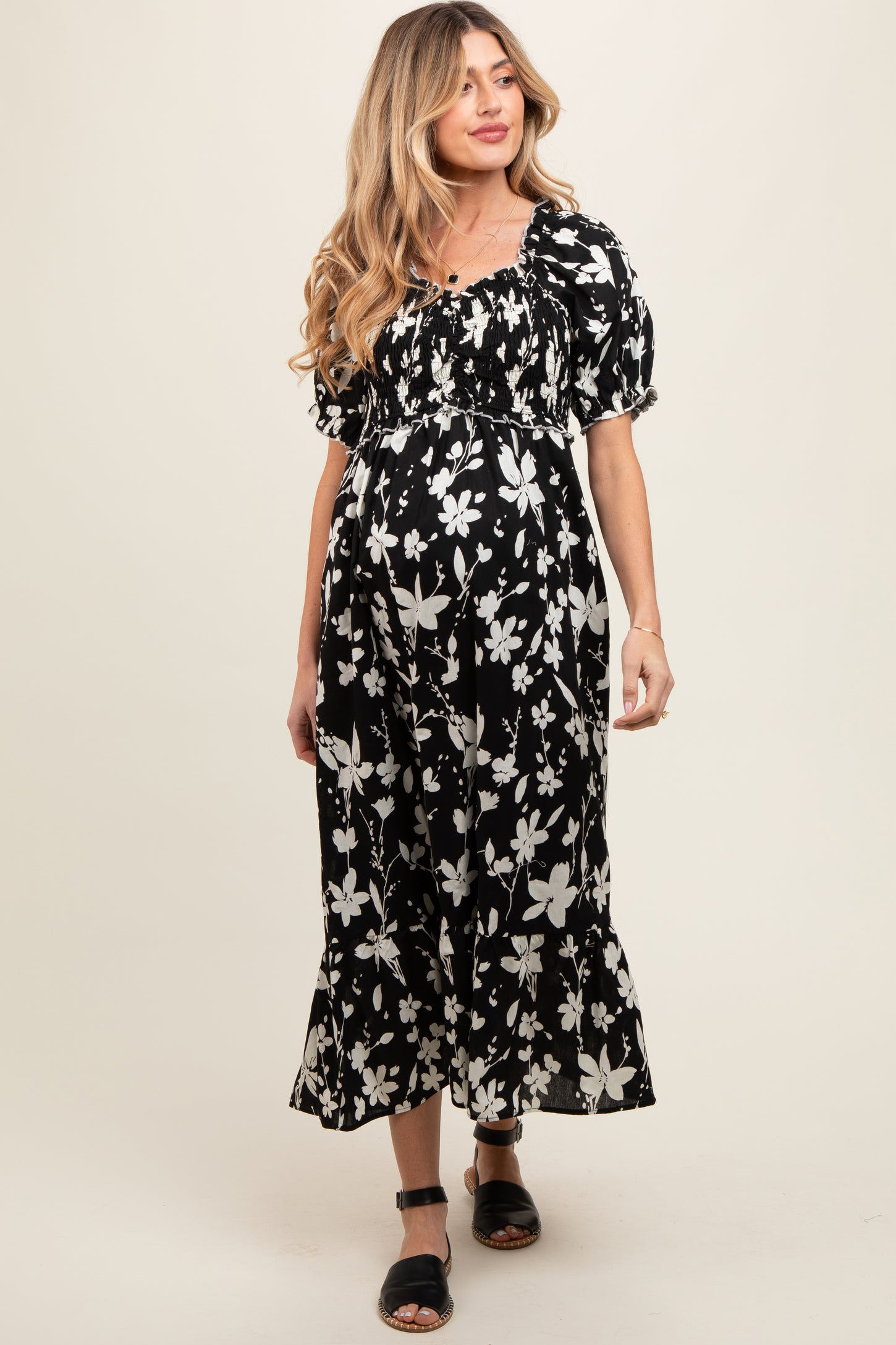 Black Floral Puff Sleeve Maternity Midi Dress– PinkBlush