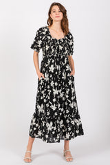 Black Floral Puff Sleeve Midi Dress