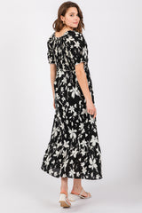 Black Floral Puff Sleeve Midi Dress