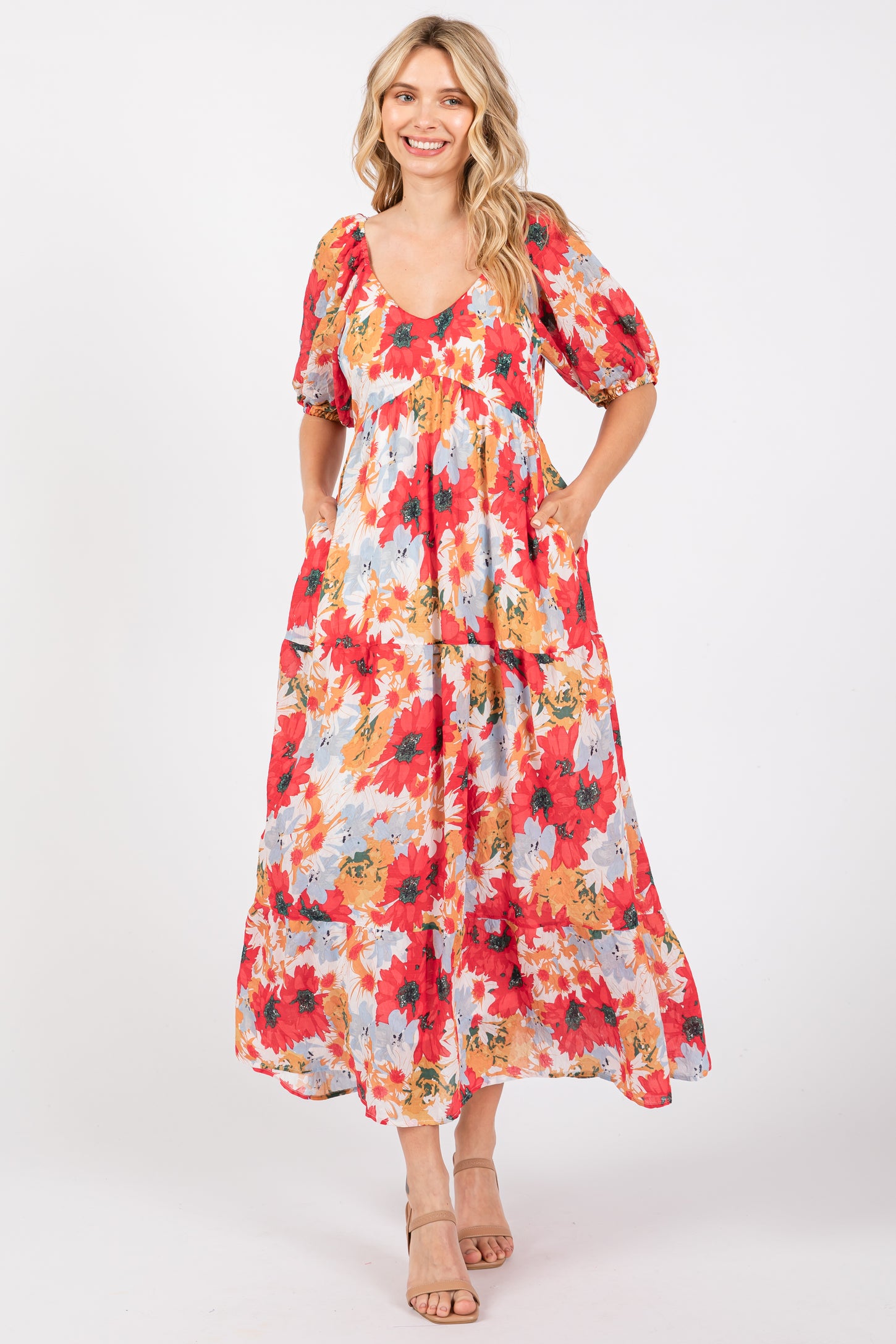 open lace back dress Red Floral V-Neck Short Puff Sleeve Tiered Maternity Midi Dress