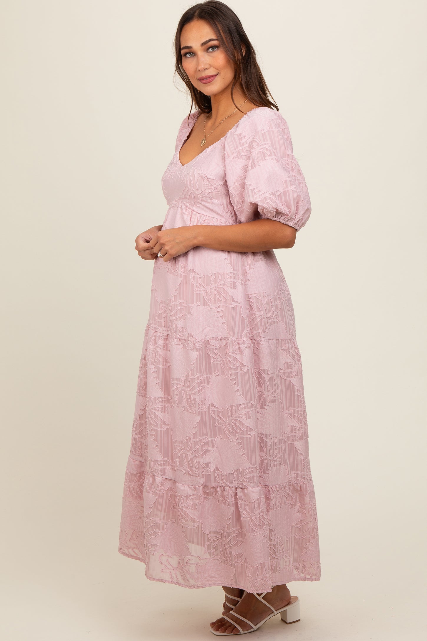 Light Pink Embroidered Leaf Print Striped Maternity Maxi Dress PinkBlush Light Pink Embroidered Leaf Print Striped Maternity Maxi Dress PinkBlush