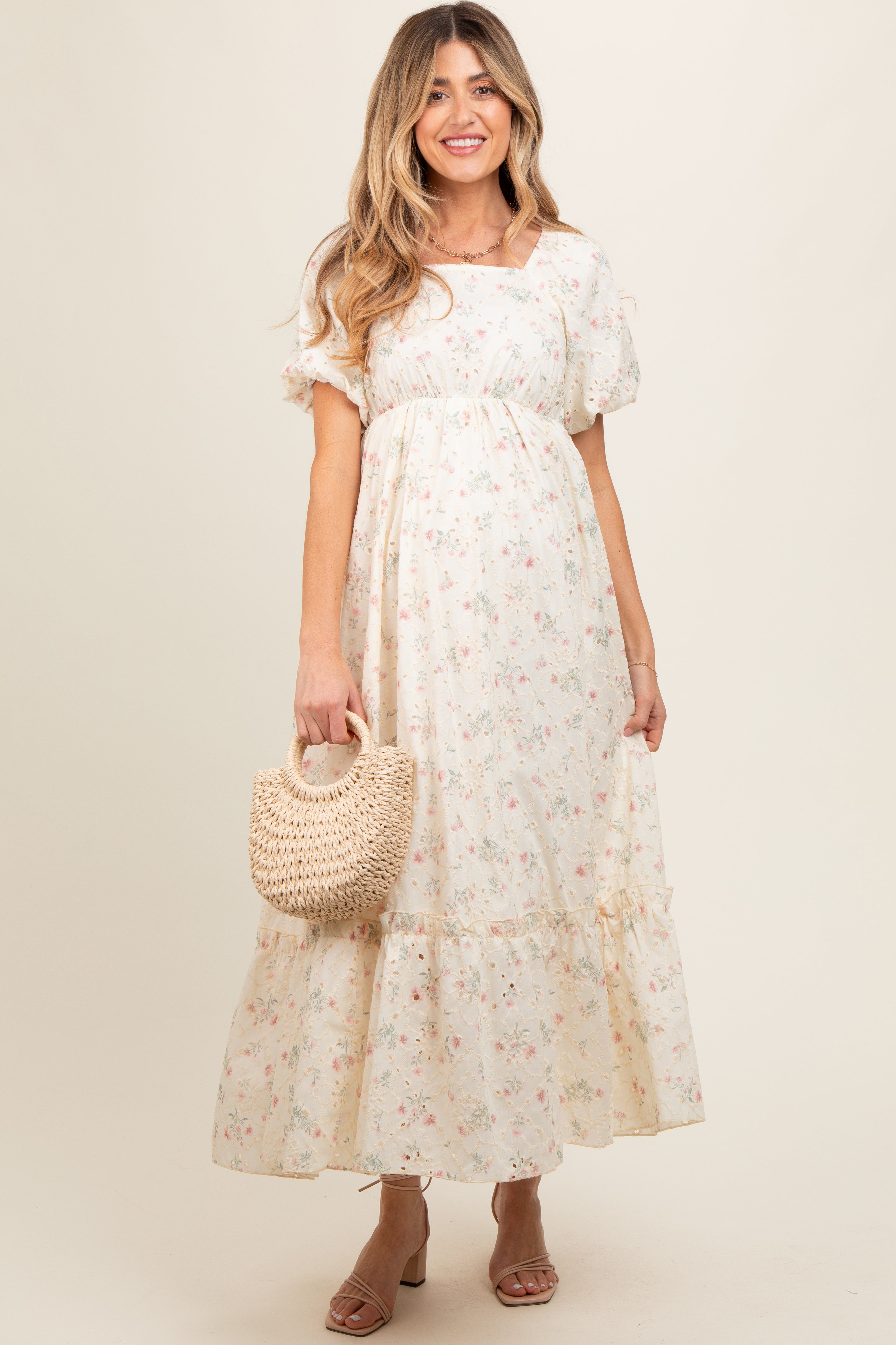 Ivory Floral Eyelet Puff Sleeve Maternity Maxi Dress PinkBlush Ivory Floral Eyelet Puff Sleeve Maternity Maxi Dress PinkBlush