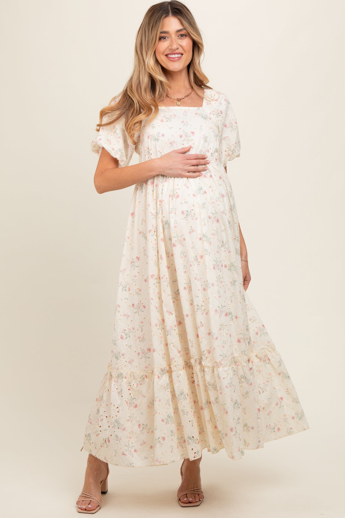 Ivory Floral Eyelet Puff Sleeve Maternity Maxi Dress – PinkBlush