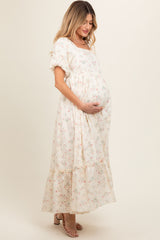 Ivory Floral Eyelet Puff Sleeve Maternity Maxi Dress