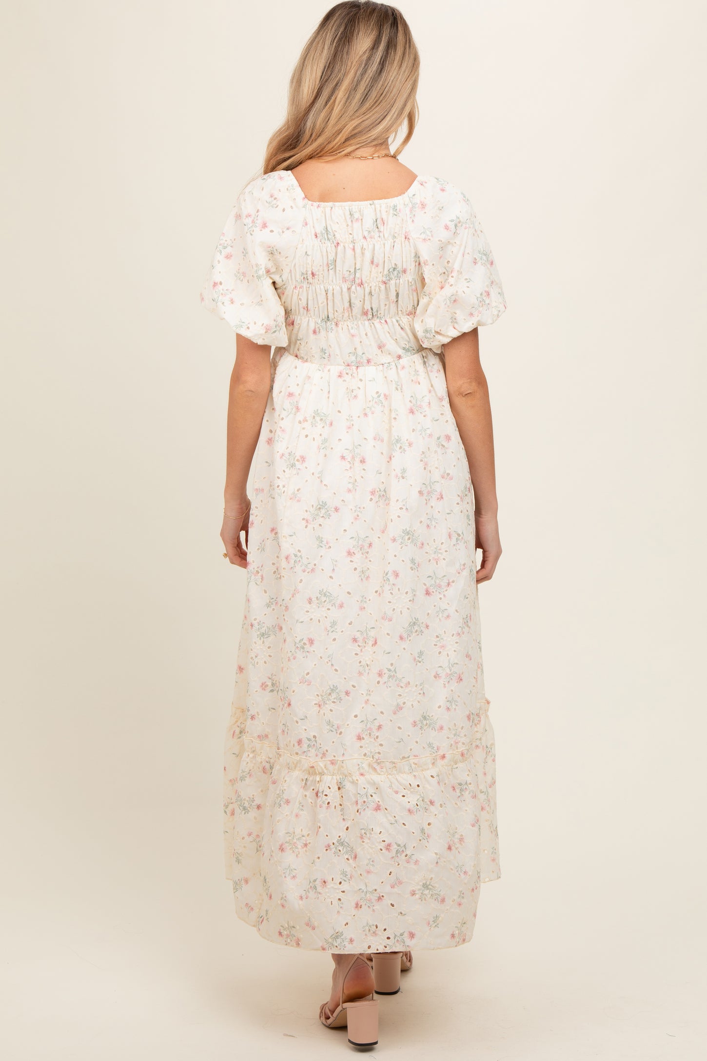 Ivory Floral Eyelet Puff Sleeve Maternity Maxi Dress PinkBlush Ivory Floral Eyelet Puff Sleeve Maternity Maxi Dress PinkBlush
