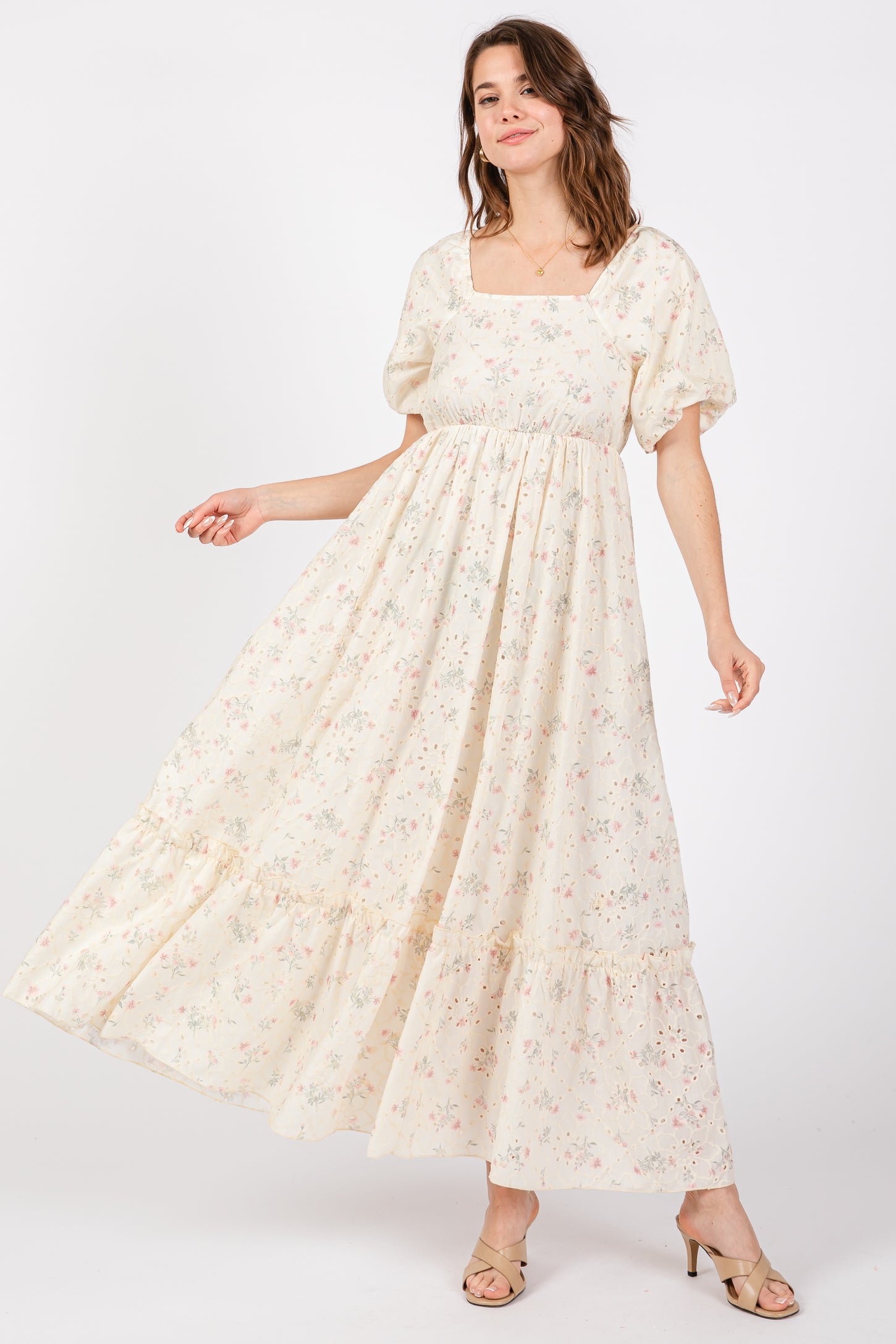 Ivory Floral Eyelet Puff Sleeve Maternity Maxi Dress Ivory Floral Eyelet Puff Sleeve Maternity Maxi Dress