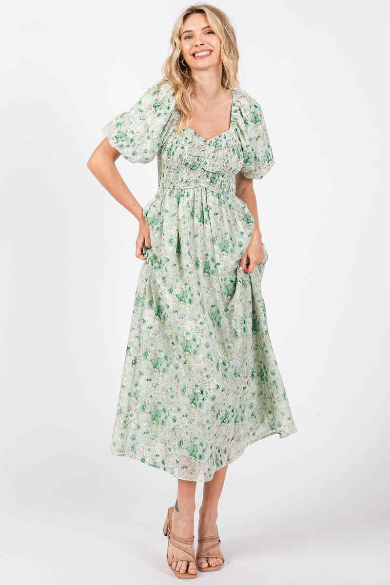 Green Floral Smocked Sweetheart Neck Short Puff Sleeve Midi Dress ...
