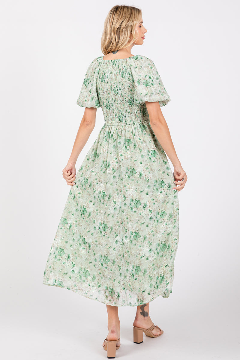 Green Floral Smocked Sweetheart Neck Short Puff Sleeve Midi Dress ...