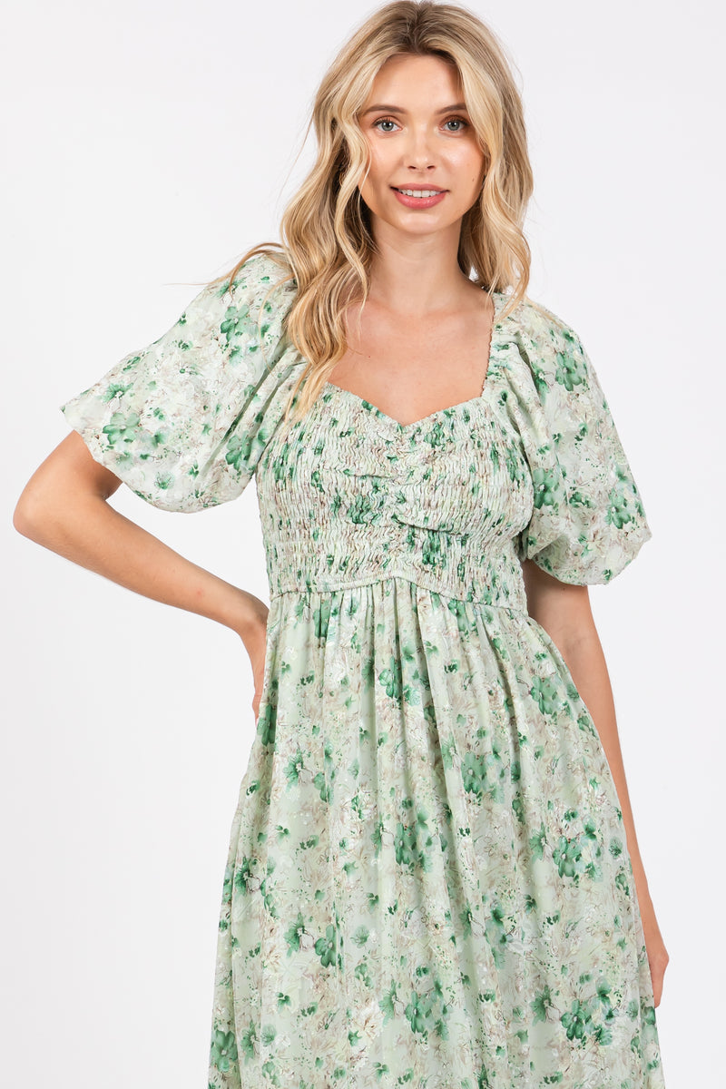 Green Floral Smocked Sweetheart Neck Short Puff Sleeve Midi Dress ...