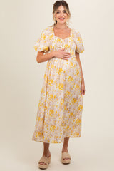 Yellow Floral Smocked Sweetheart Neck Short Puff Sleeve Maternity Midi Dress