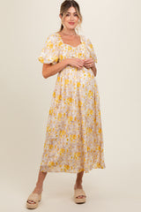 Yellow Floral Smocked Sweetheart Neck Short Puff Sleeve Maternity Midi Dress