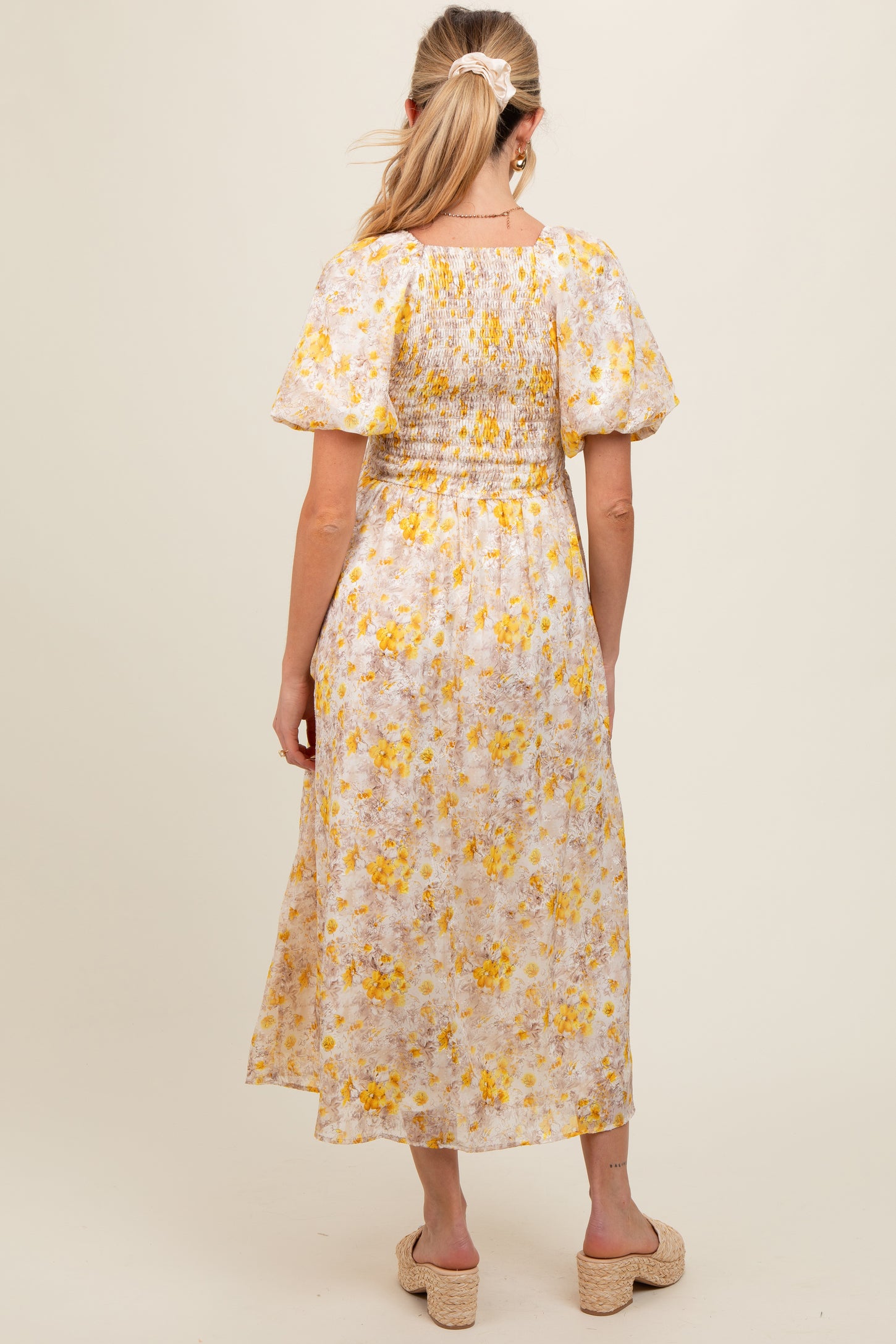 Yellow Floral Smocked Sweetheart Neck Short Puff Sleeve Maternity Midi Dress