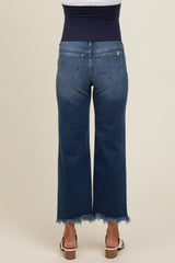 woman wearing dark blue maternity wide-leg jeans with a raw hem, showing the back view and a supportive belly panel