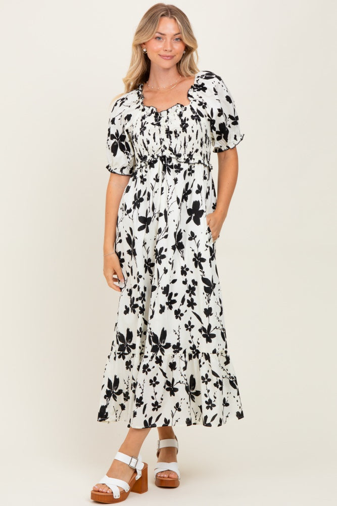 Cream Floral Puff Sleeve Midi Dress