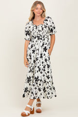 Cream Floral Puff Sleeve Midi Dress