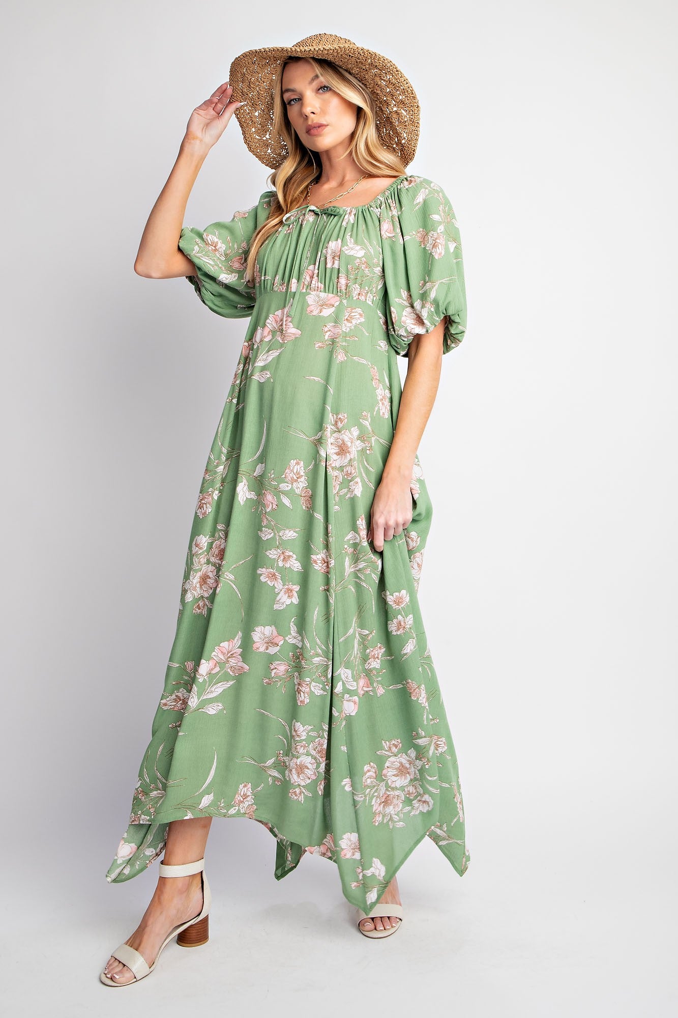 olive green floral maxi dress Green Floral Ruched Backless Slip Maxi Dress main image 0
