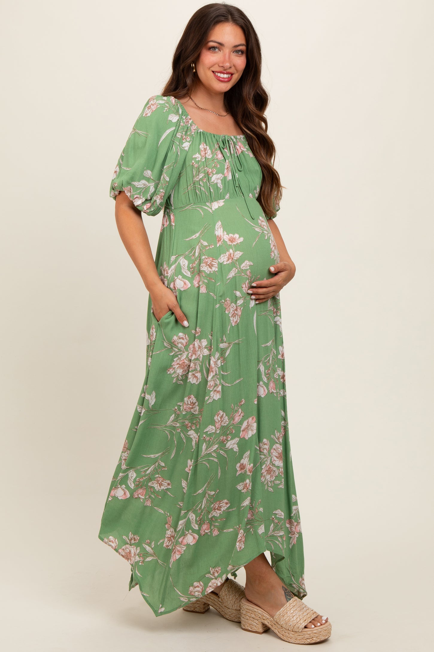 Light Olive Floral Puff Sleeve Maternity Maxi Dress PinkBlush Light Olive Floral Puff Sleeve Maternity Maxi Dress PinkBlush