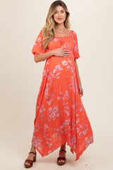 Orange Floral Puff Sleeve Maternity Maxi Dress