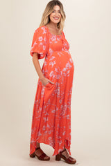 Orange Floral Puff Sleeve Maternity Maxi Dress