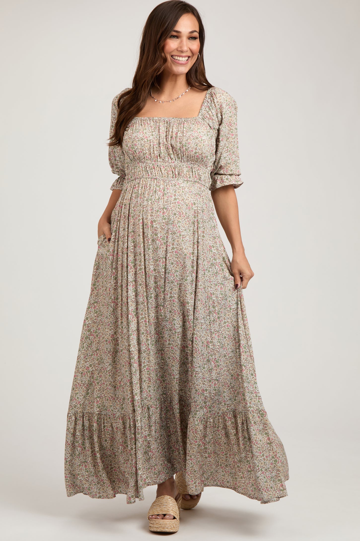 Beige Floral Criss Cross Back Maternity Maxi Dress PinkBlush Beige Floral Criss Cross Back Maternity Maxi Dress PinkBlush