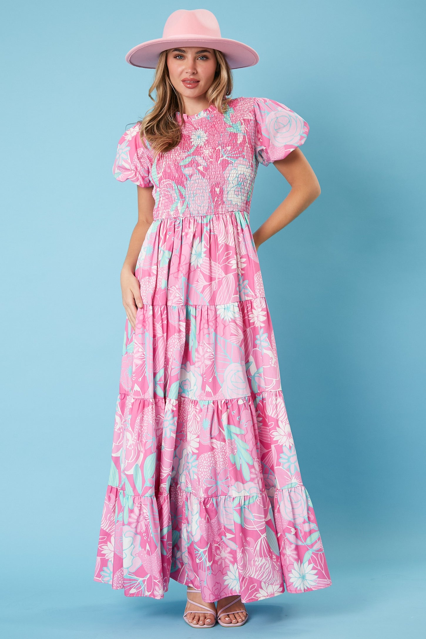 Pink Floral Smocked Short Puff Sleeve Tiered Maxi Dress – PinkBlush