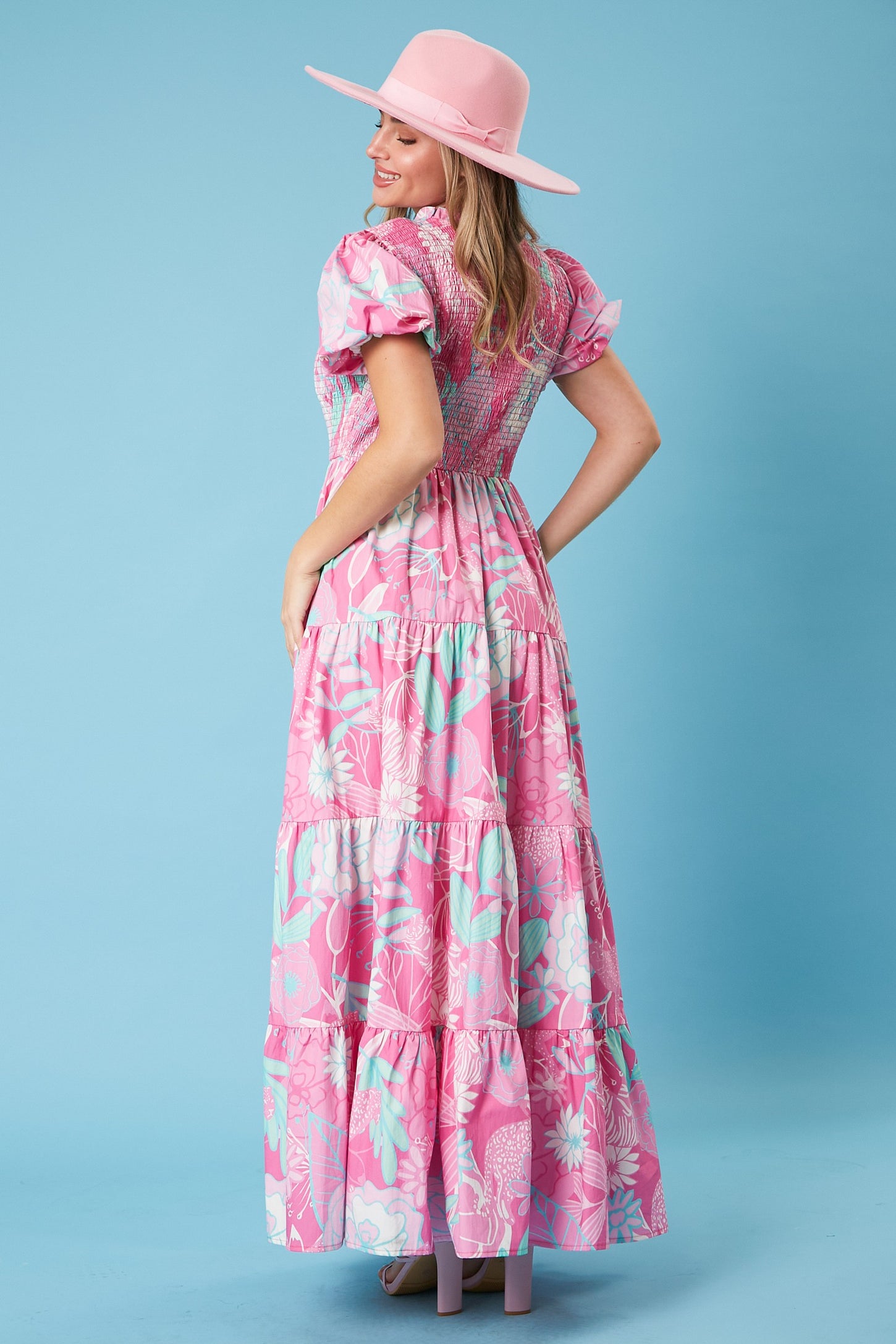 Pink Floral Smocked Short Puff Sleeve Tiered Maxi Dress PinkBlush pink-floral-smocked-short-puff-sleeve-tiered-maxi-dress-pinkblush