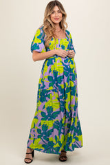 Teal Leaf Print Printed Puff Sleeve Maternity Maxi Dress
