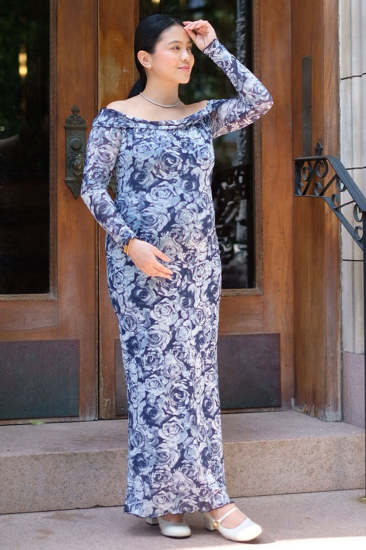 Navy Floral Off Shoulder Mesh Knit Maternity Midi Dress