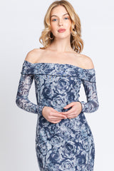 Navy Floral Off Shoulder Mesh Knit Midi Dress