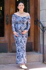 Navy Floral Off Shoulder Mesh Knit Maternity Midi Dress