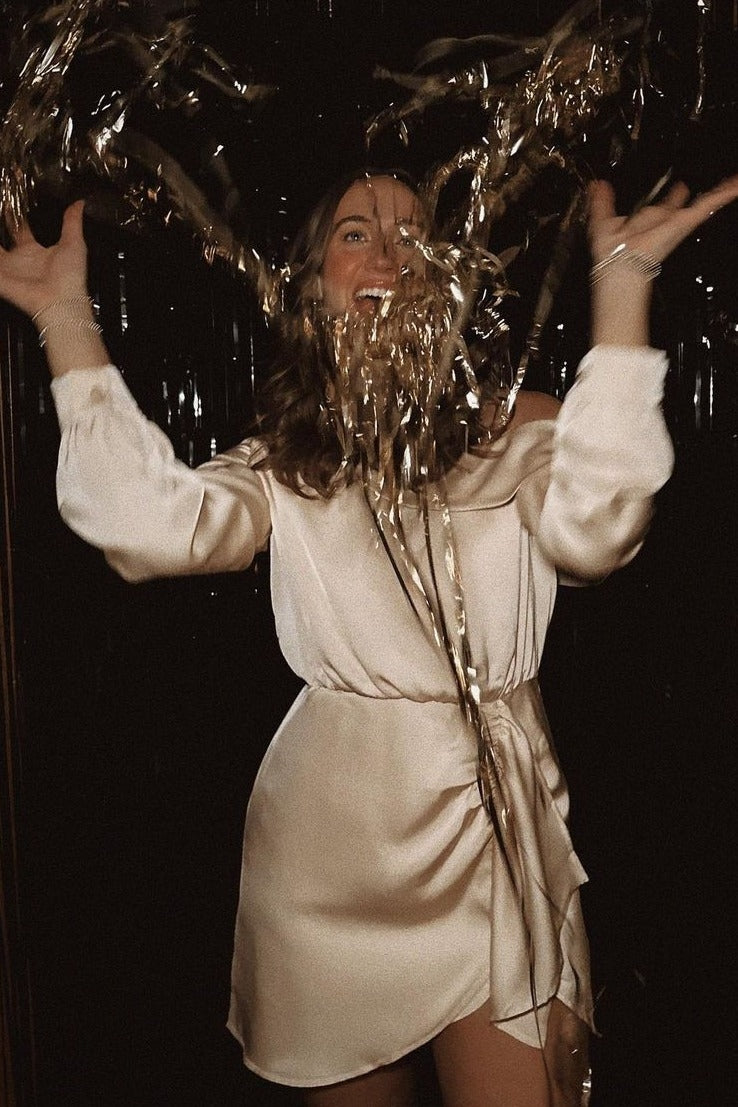 Champagne One Shoulder Draped Satin Mini Dress