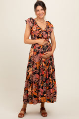 Black Ruffle V-Neck Tiered Maternity Maxi Dress