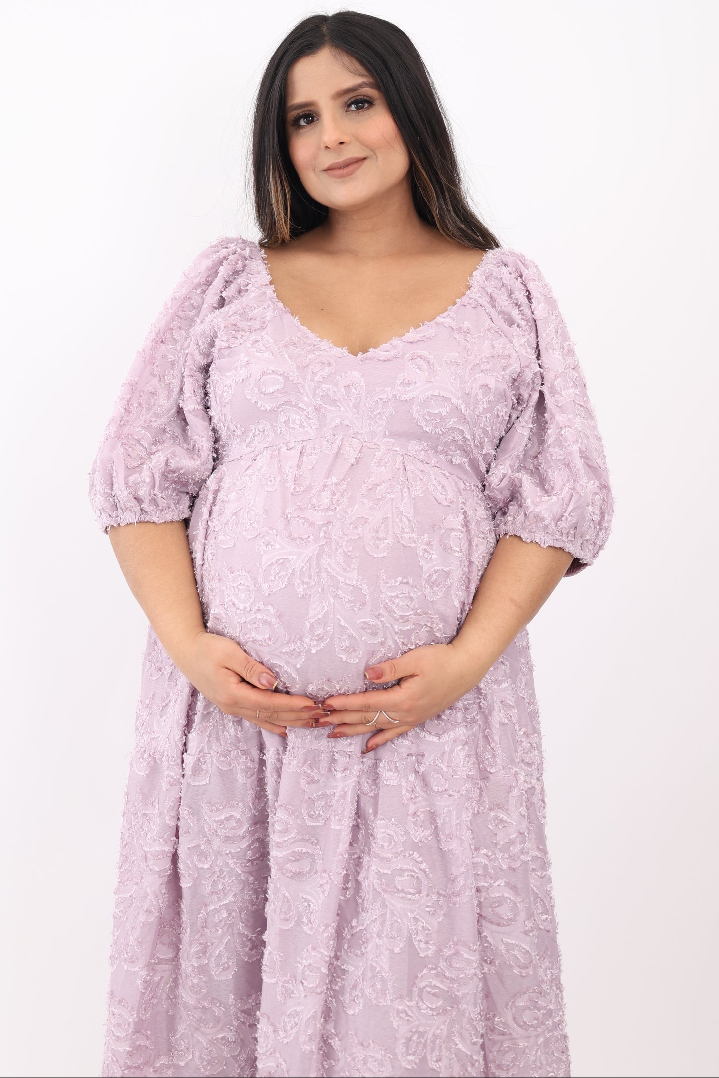 Lavender Fringe Textured Short Puff Sleeve Maternity Midi Dress