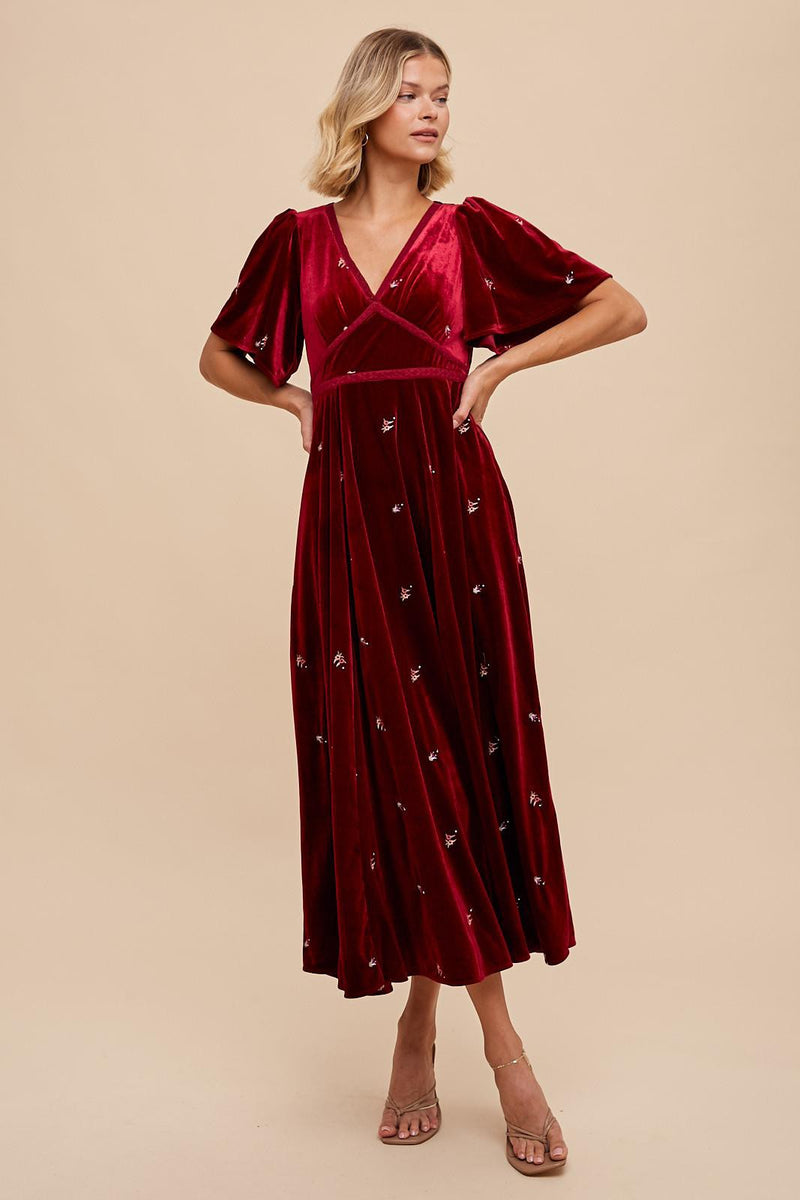 Burgundy All Over Floral Embroidered Velvet Maxi Dress  PinkBlush