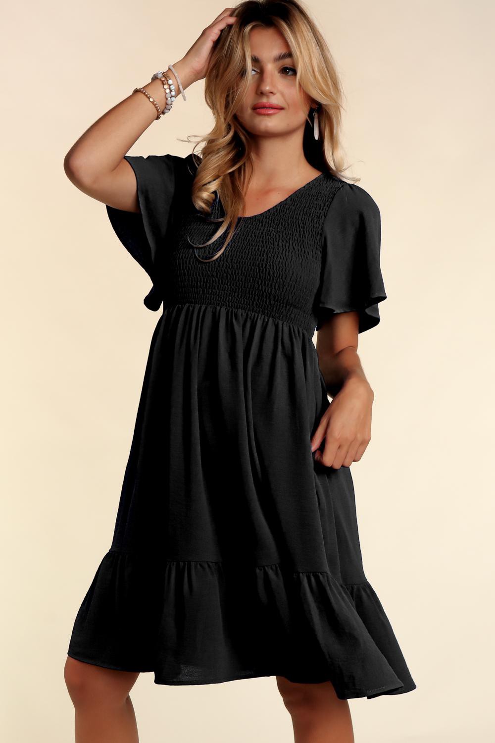Black Smocked Ruffle Hem Maternity Dress
