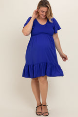 Royal Blue Smocked Ruffle Hem Maternity Plus Dress