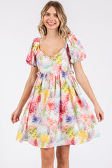 Multi-Color Floral V-Neck Short Puff Sleeve Ruffle Waist Maternity Dress