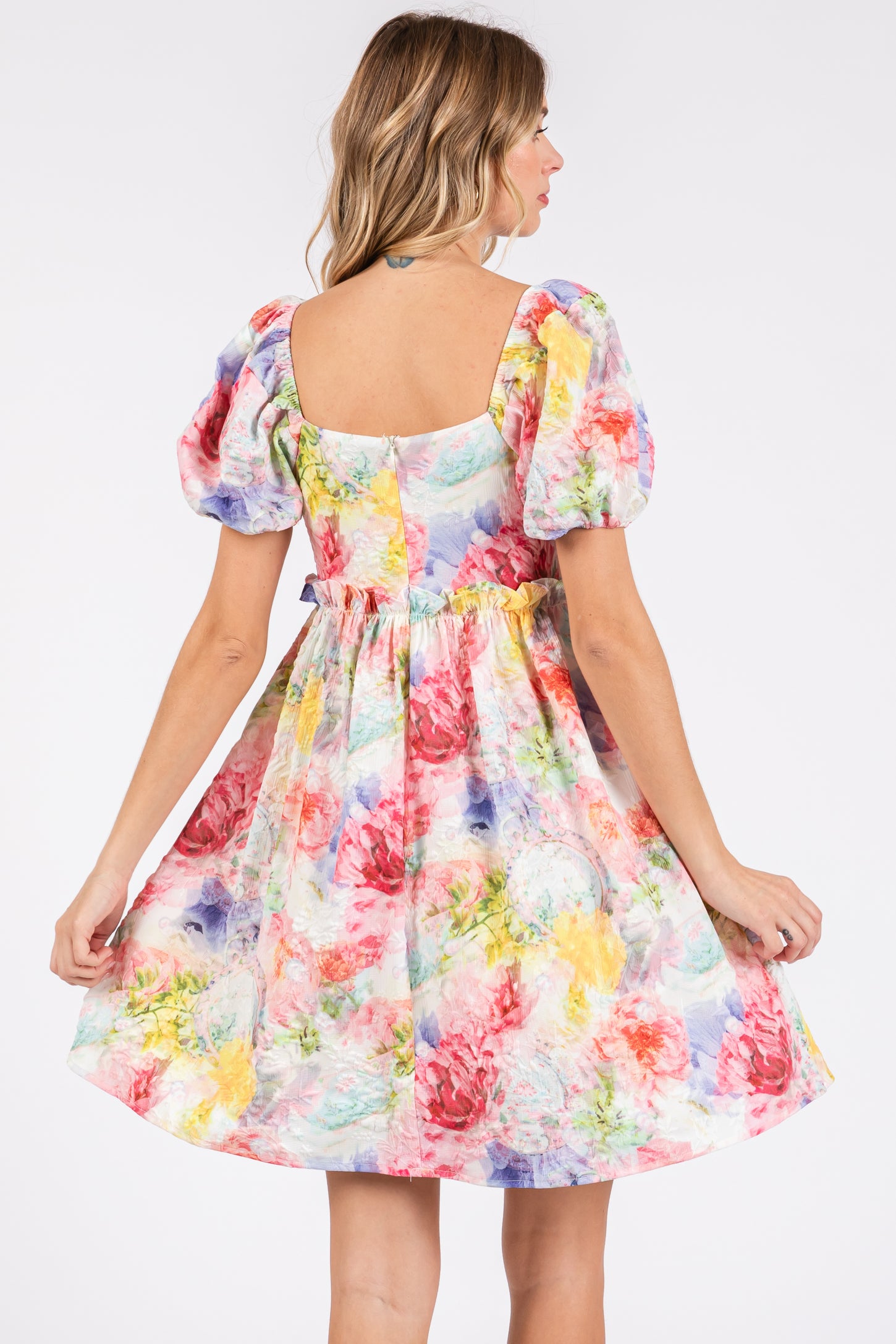 Multi-Color Floral V-Neck Short Puff Sleeve Ruffle Waist Dress