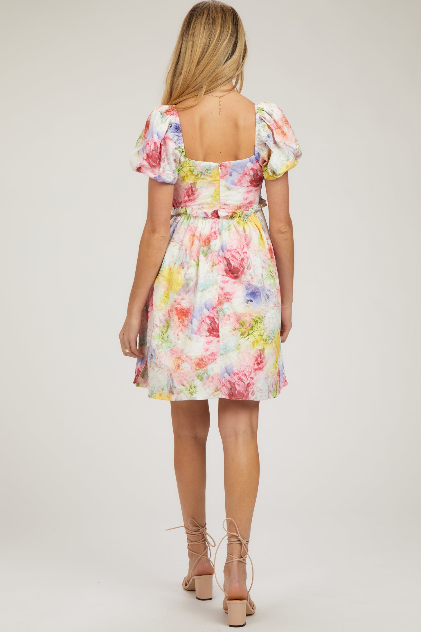 Multi-Color Floral V-Neck Short Puff Sleeve Ruffle Waist Maternity Dress