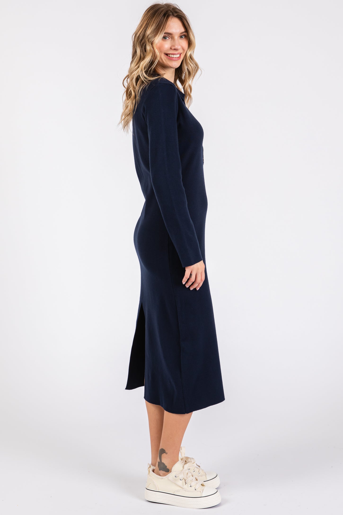 Navy Collared Long Sleeve Sweater Midi Dress Navy Collared Long Sleeve Sweater Midi Dress
