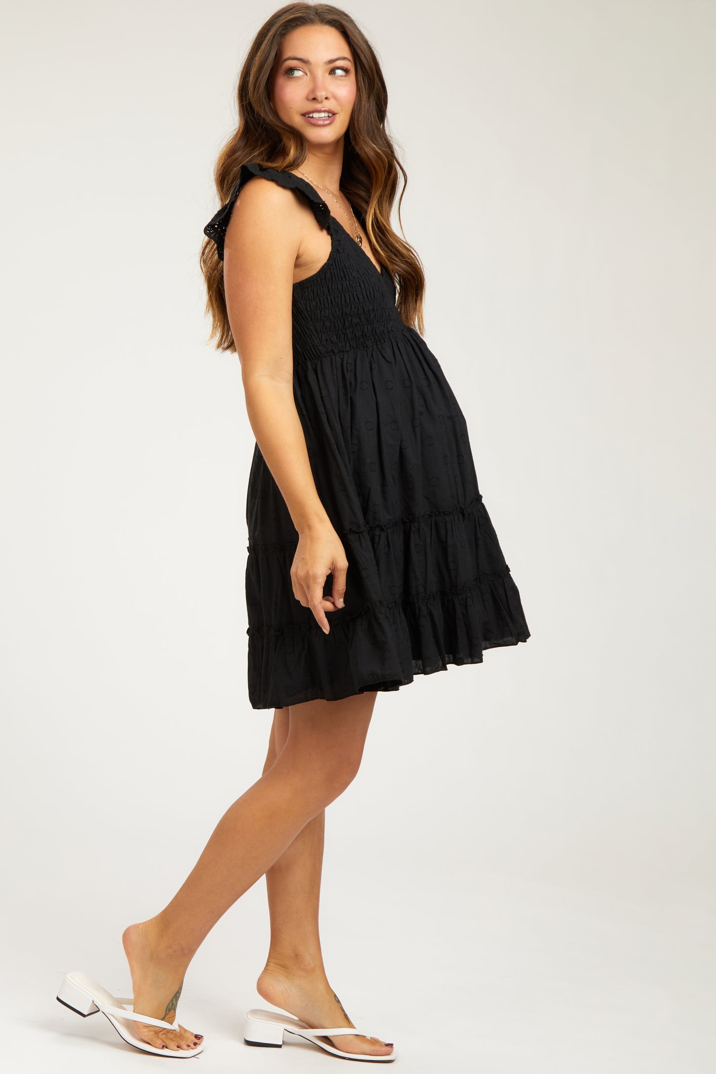 Black Textured Polka Dot Eyelet Shoulder V-Neck Maternity Dress
