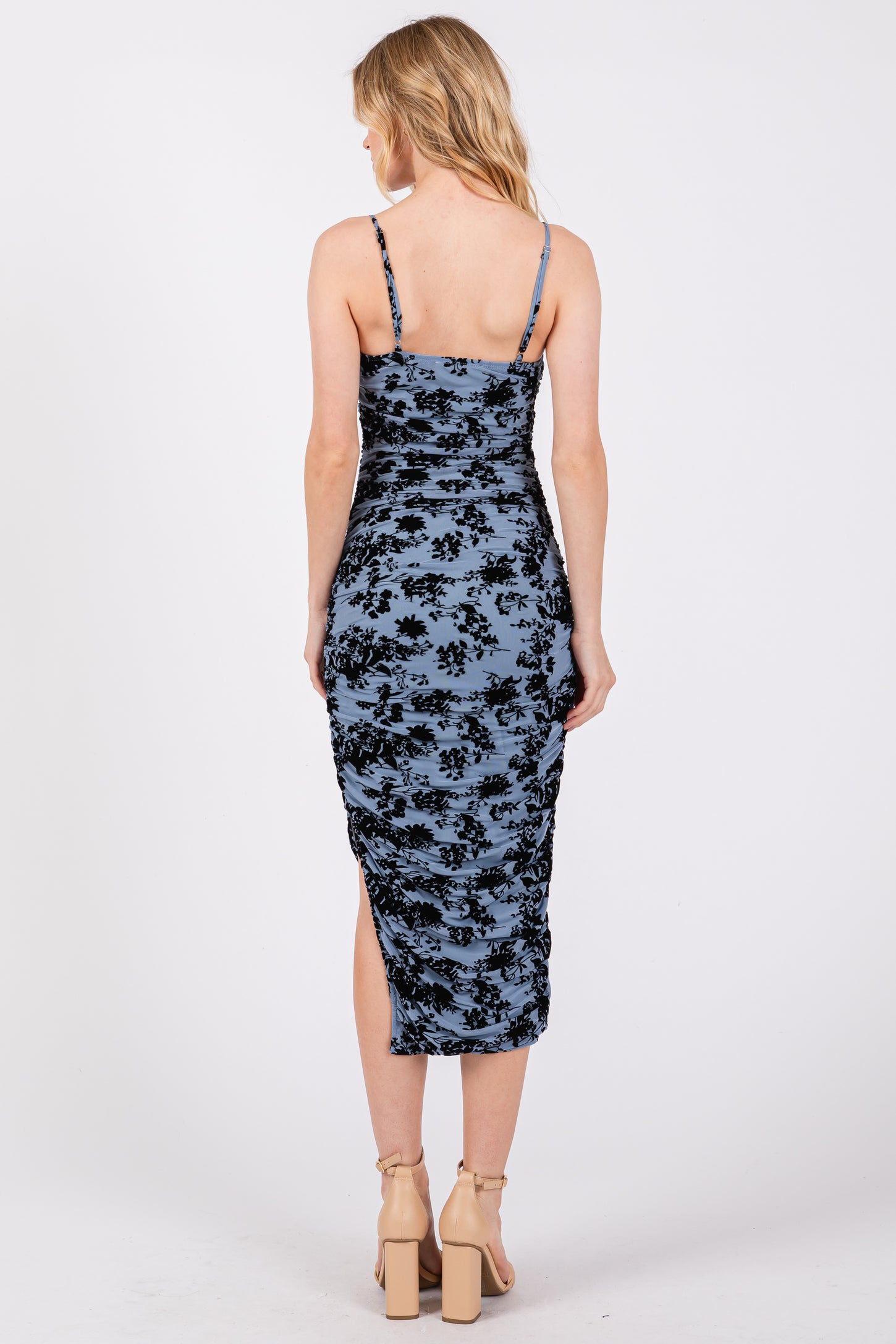 Blue Velvet Floral Ruched Mesh Midi Dress