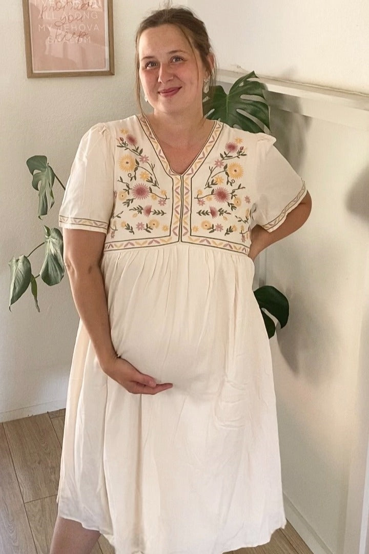 Cream Short Sleeve V-Neck Maternity Midi Dress – PinkBlush